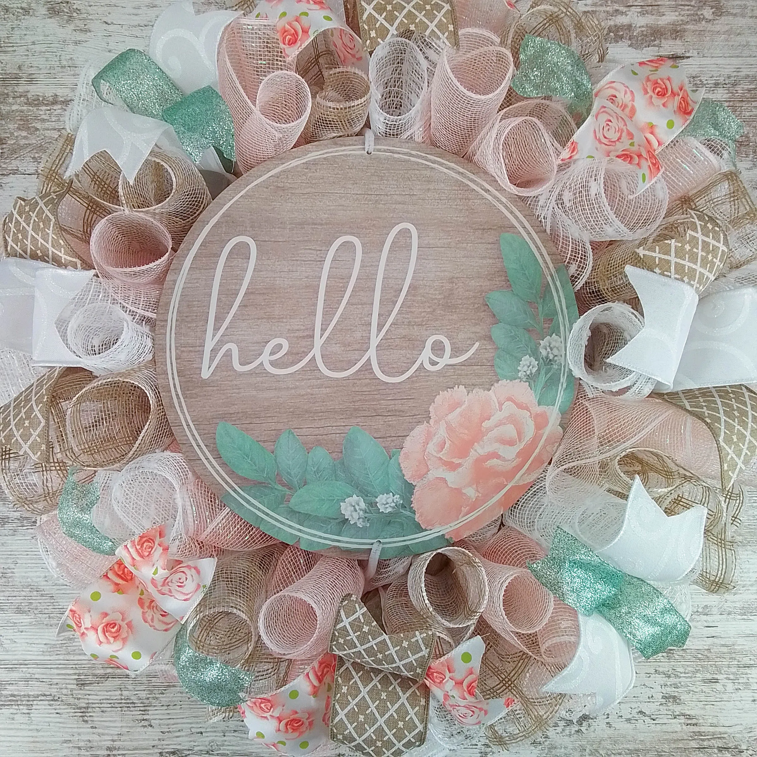 Pastel Spring Wreath, Rustic Burlap Door Decor, Customizable Wooden Sign Centerpiece