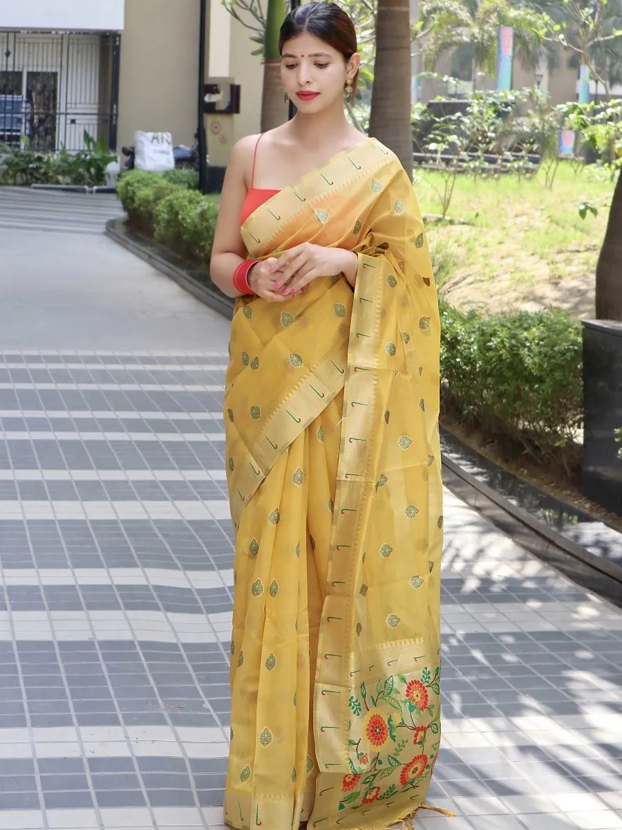 Pastel Yellow Saree in Paithani Organza Silk