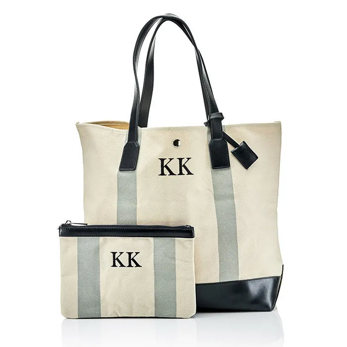 Personalised Striped Canvas Tote Bag & Clutch Bag Set - Grey