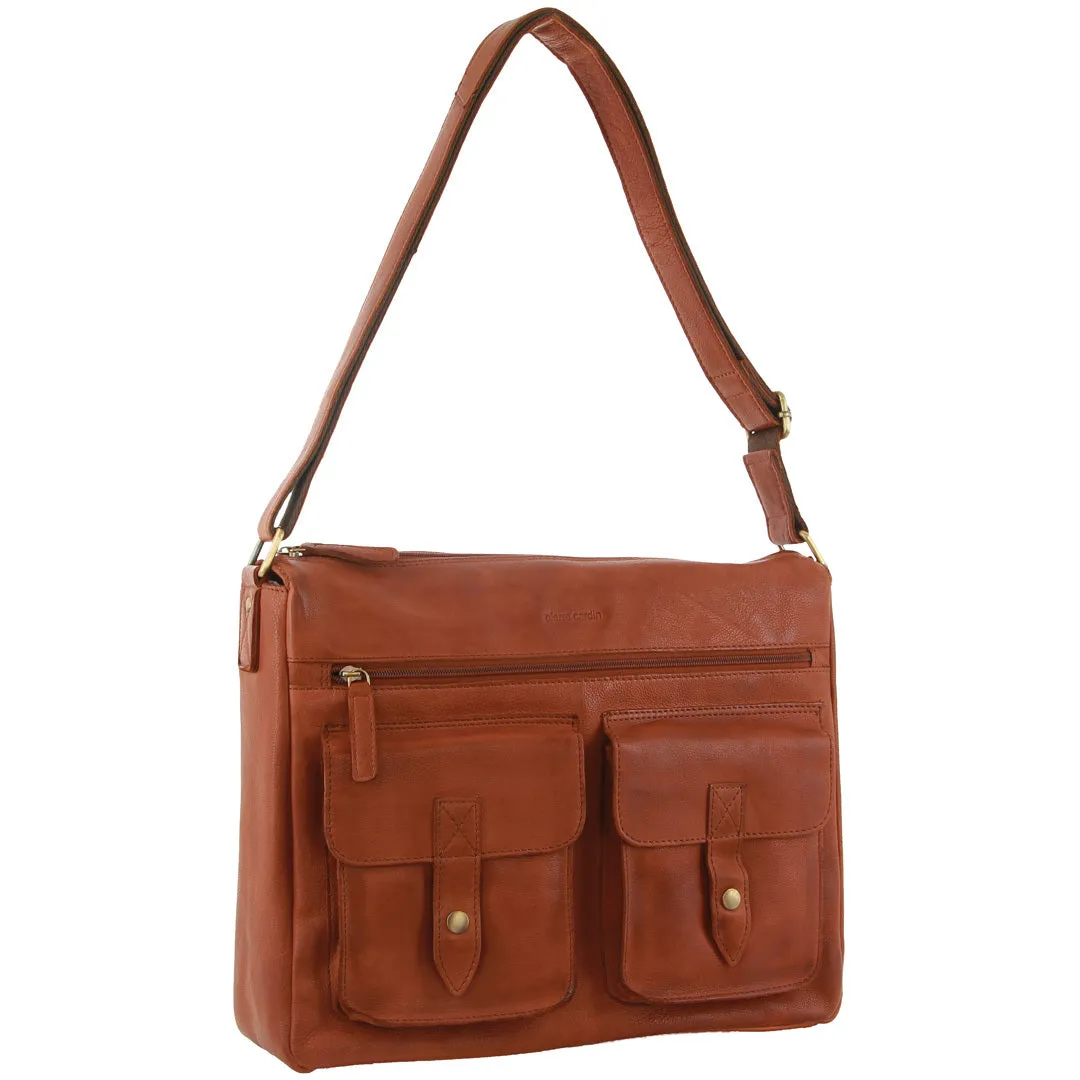 Pierre Cardin Rustic Satchel Leather 13" Laptop Tote Bag (Cognac)