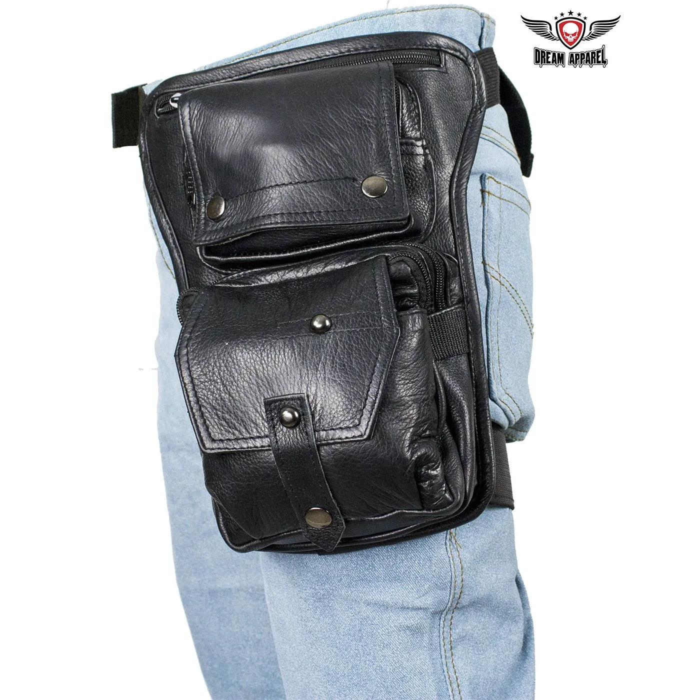 Premier Black Leather Multi Pocket Thigh Bags with Gun Pocket