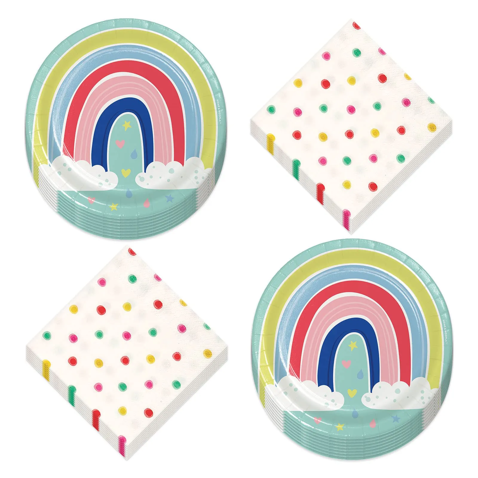 Rainbow Party Supplies - Over The Rainbow Clouds and Heart Raindrops Shower with Love Dessert Plates and Beverage Napkins (Serves 16)