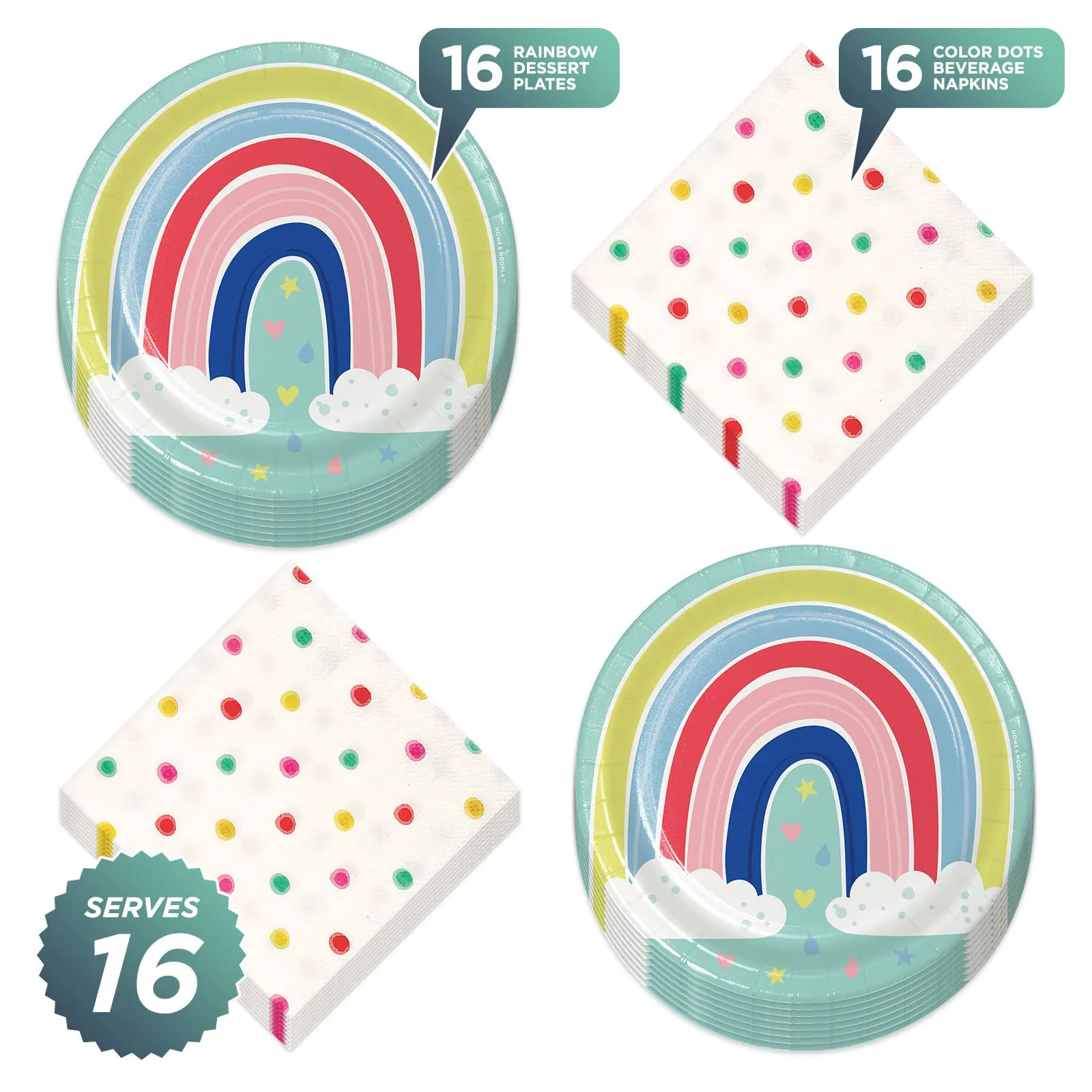 Rainbow Party Supplies - Over The Rainbow Clouds and Heart Raindrops Shower with Love Dessert Plates and Beverage Napkins (Serves 16)