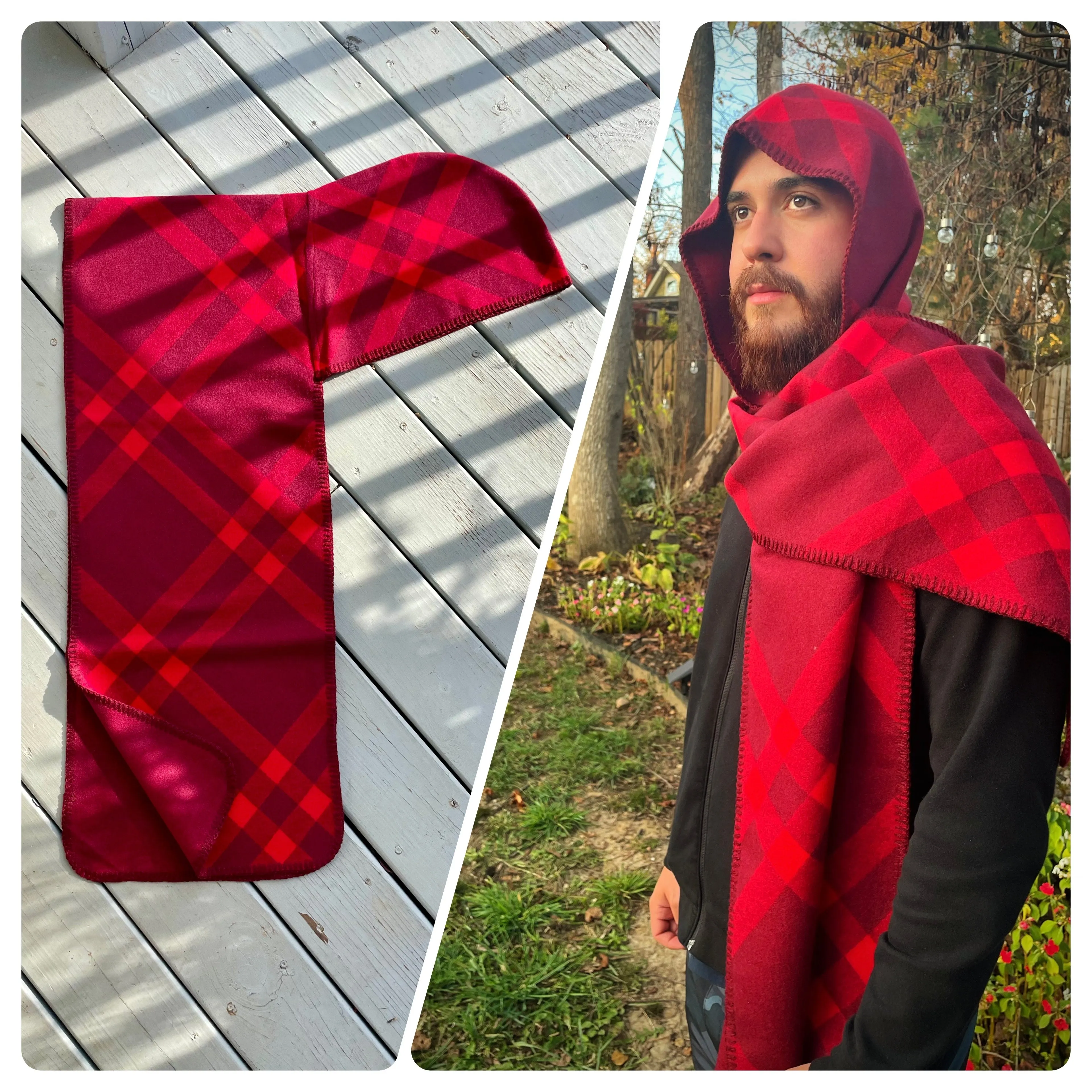 Red Plaid Print hooded scarf