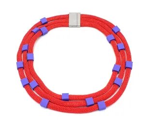 Red Woven Cord /Silver Pastel Block Necklace from Italy