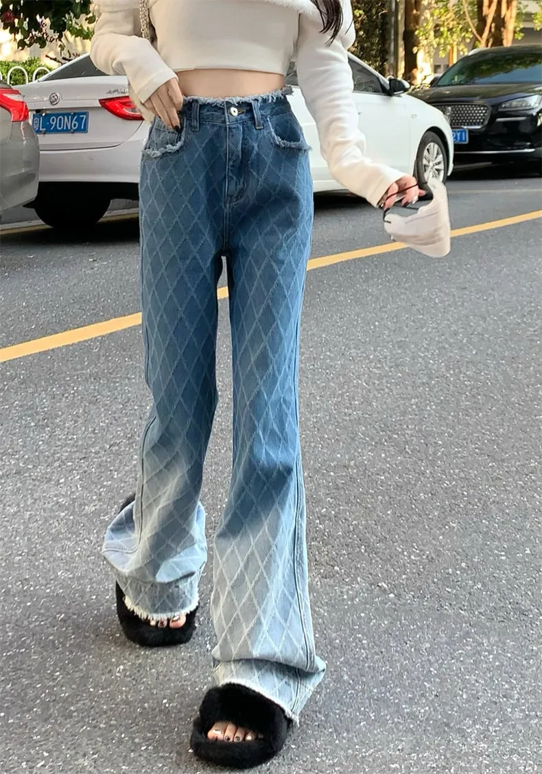 Ruffled Diamond Grid Pattern Fit Long Loose Wide Legs Pants Denim Jeans