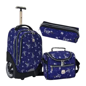 Space Football Blue Big Wheel School Bag Trolley Set of 3 (Lunch Bag & Pencil Case)