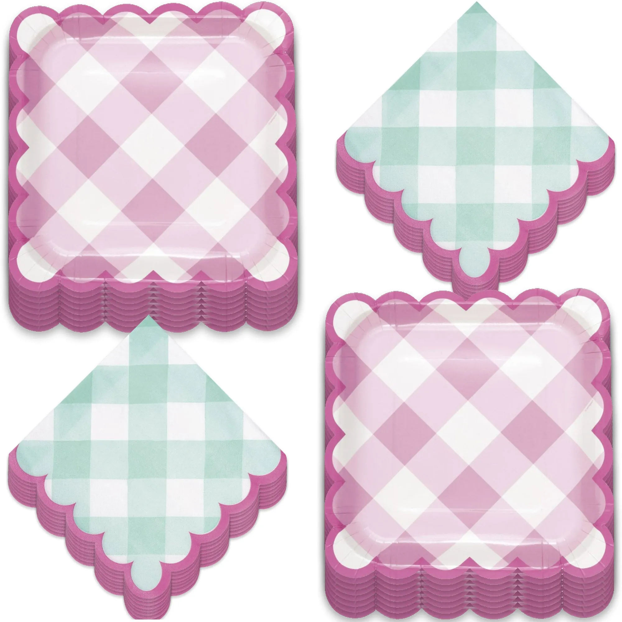 Spring Pastel Plaid Gingham Scalloped Square Paper Dinner Plates and Luncheon Napkins