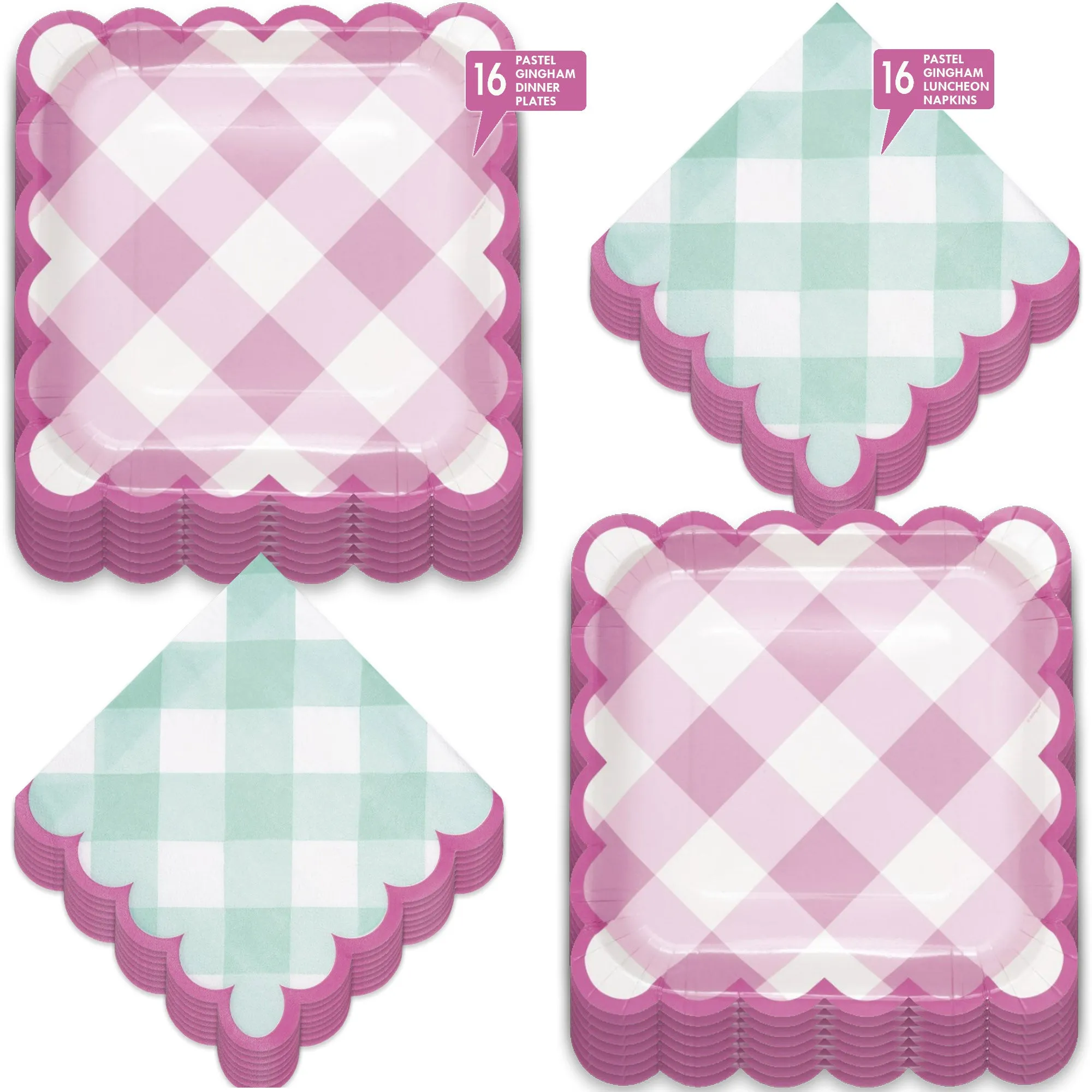 Spring Pastel Plaid Gingham Scalloped Square Paper Dinner Plates and Luncheon Napkins