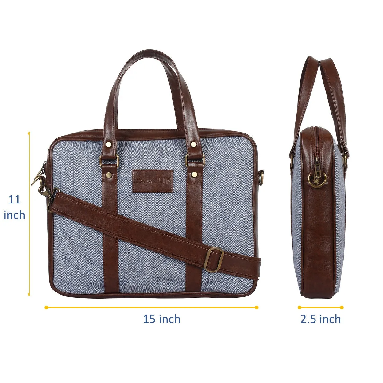 Steel Blue Herringbone - Tweed and Vegan Leather Laptop Bag