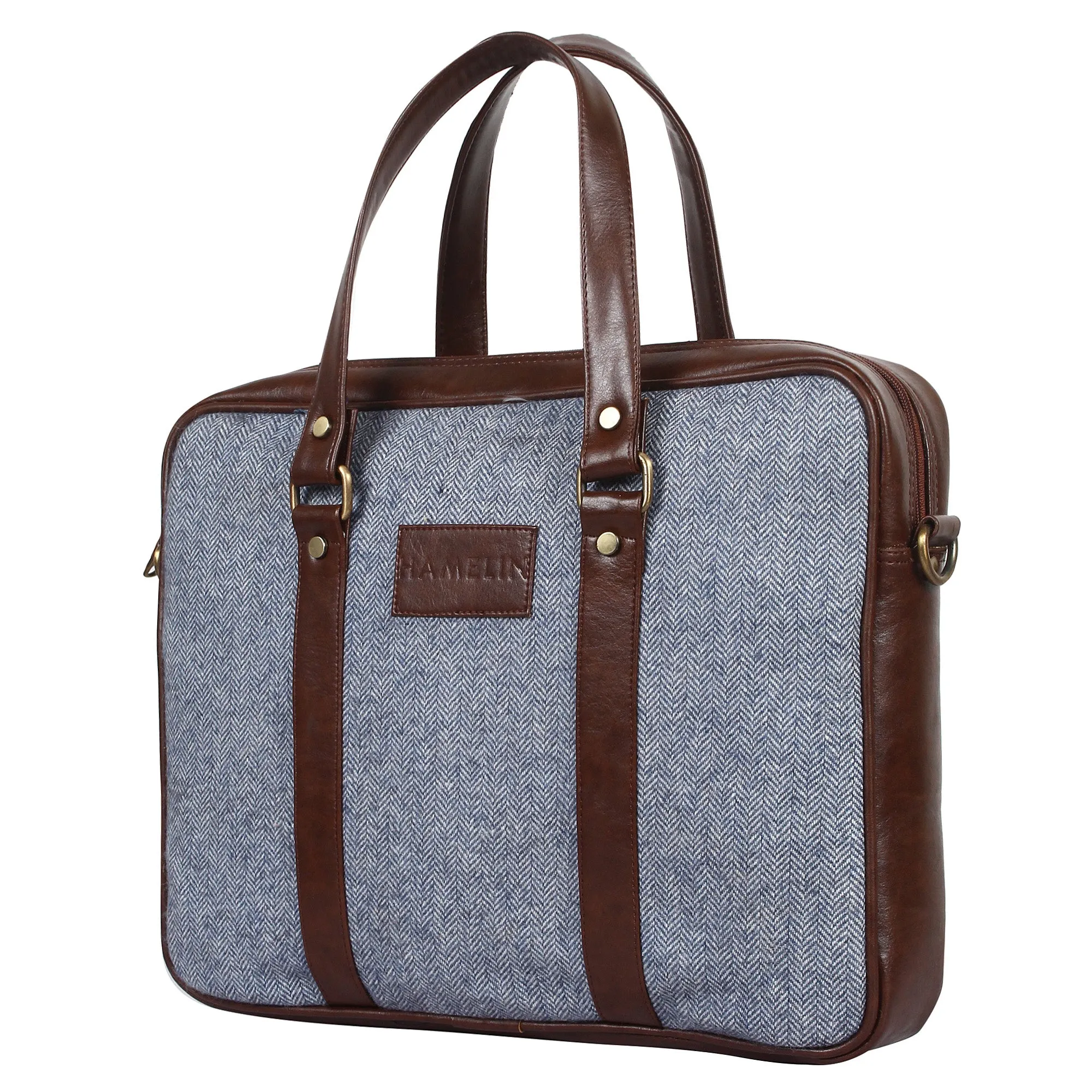 Steel Blue Herringbone - Tweed and Vegan Leather Laptop Bag