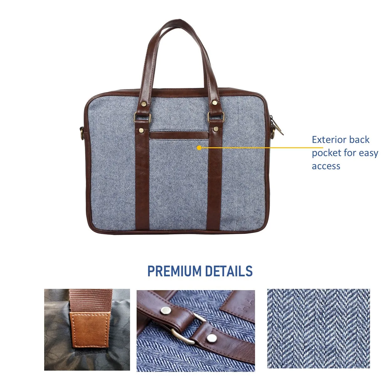 Steel Blue Herringbone - Tweed and Vegan Leather Laptop Bag