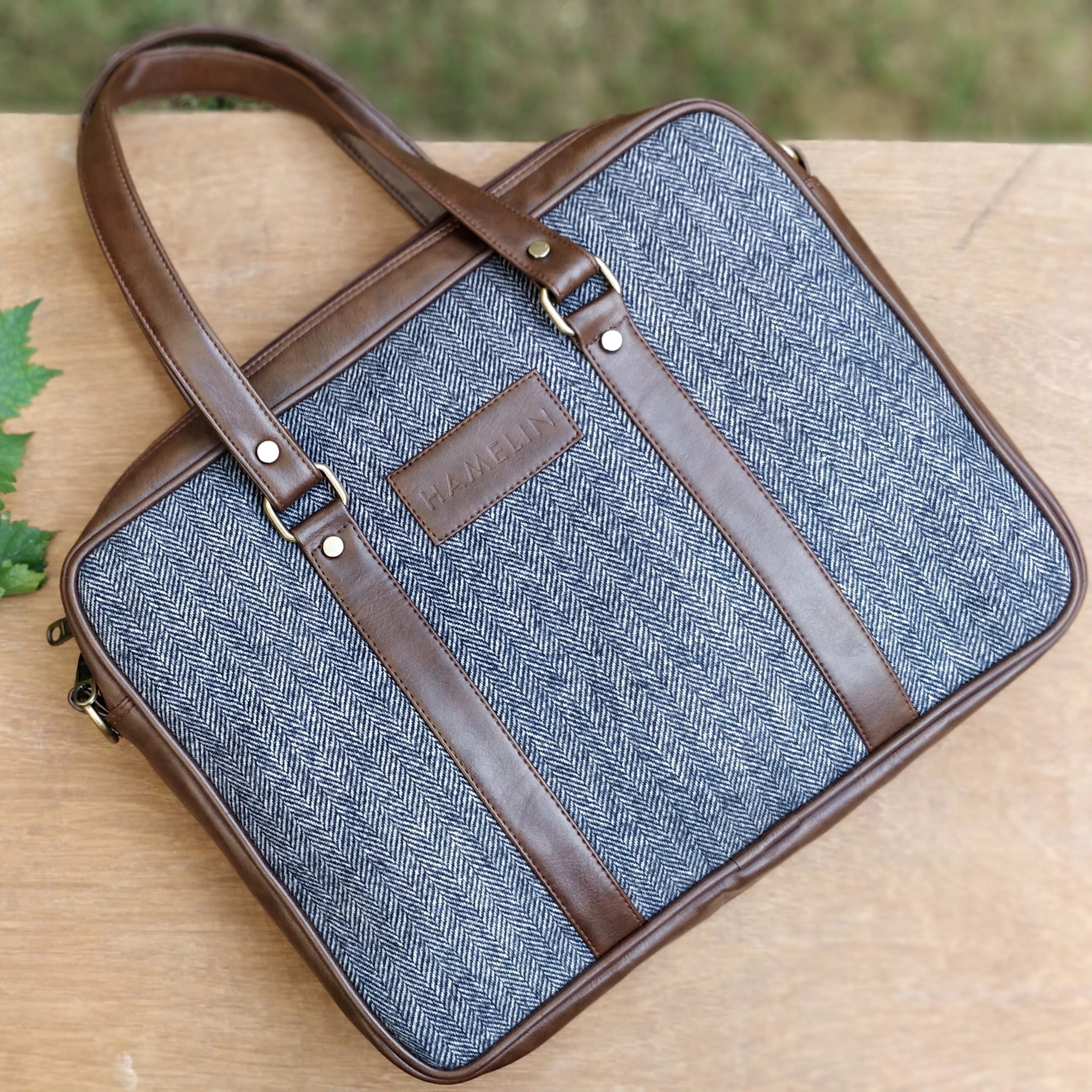 Steel Blue Herringbone - Tweed and Vegan Leather Laptop Bag