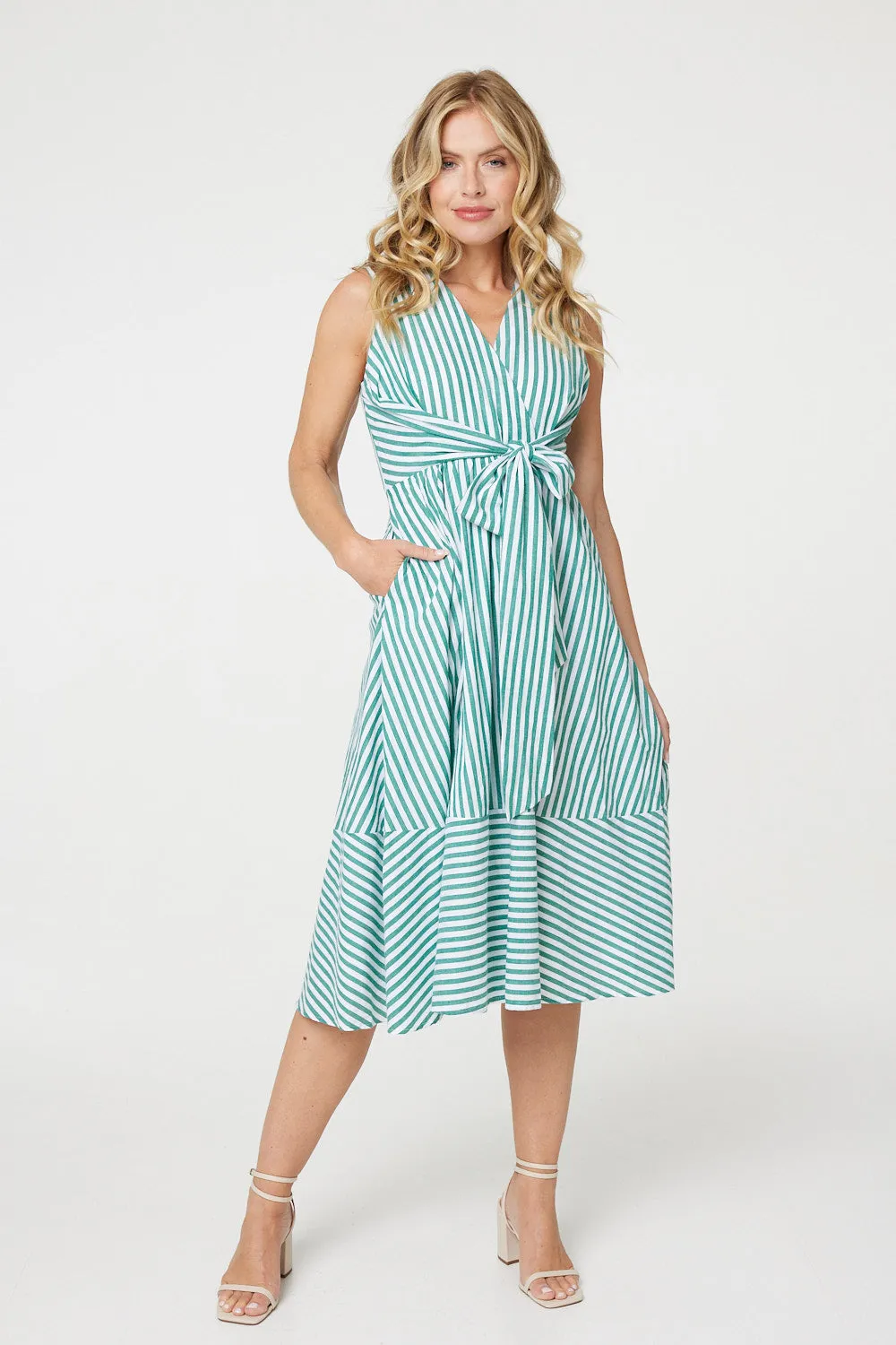 Striped Tie Waist Tiered Midi Dress