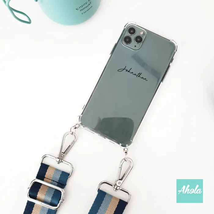 【Stripey】Nylon Crossbody Lanyard Clear TPU Phone Case 自定名字藍色間條斜背帶電話軟殼