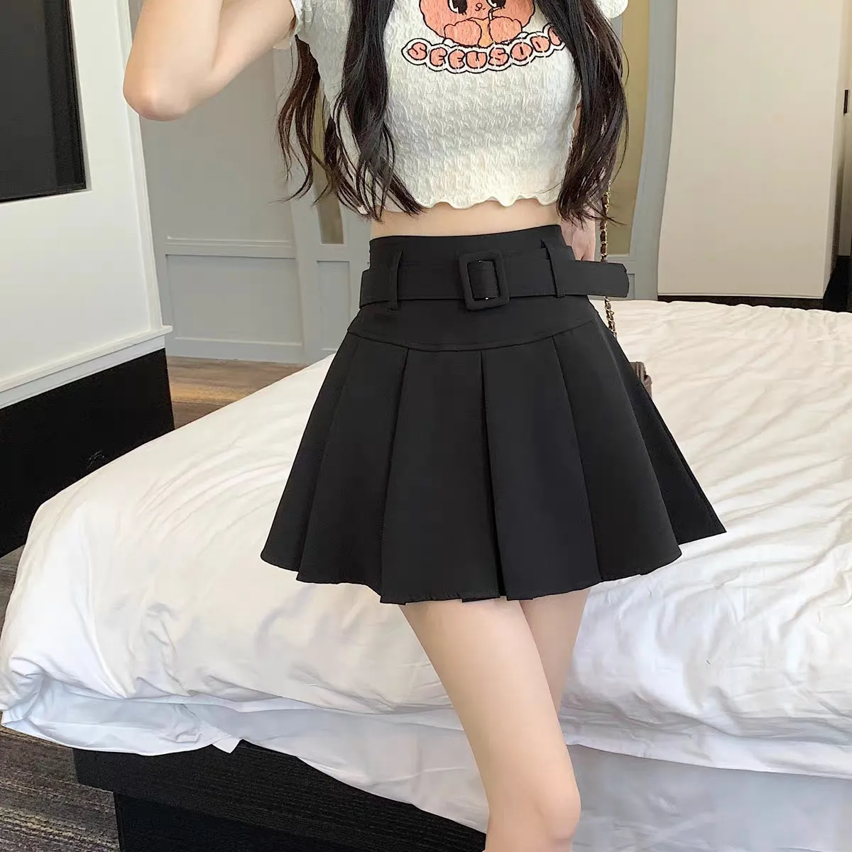 Summer Spring Girl Women White Black Pink High Waist Belt Pleated Skirt