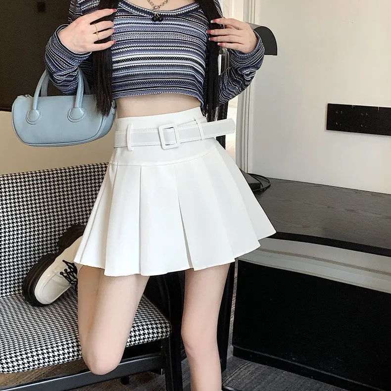 Summer Spring Girl Women White Black Pink High Waist Belt Pleated Skirt