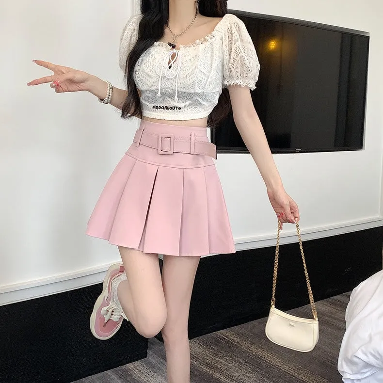 Summer Spring Girl Women White Black Pink High Waist Belt Pleated Skirt