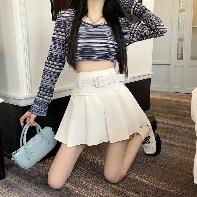 Summer Spring Girl Women White Black Pink High Waist Belt Pleated Skirt