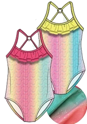 Swimwear Girls Sz 4-6X Ruffled Pastel Rainbow One Piece Swimsuit, Size 4-6X