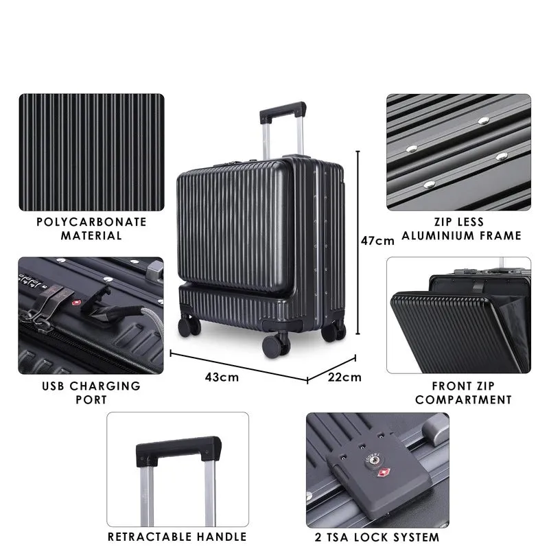 THE CLOWNFISH JetSetter Series Carry-On Luggage PolyCarbonate Hard Case Suitcase Eight Spinner Wheel 14 inch Laptop Trolley Bag with TSA Lock & USB Charging port- Grey (47 cm-18.5 inch)