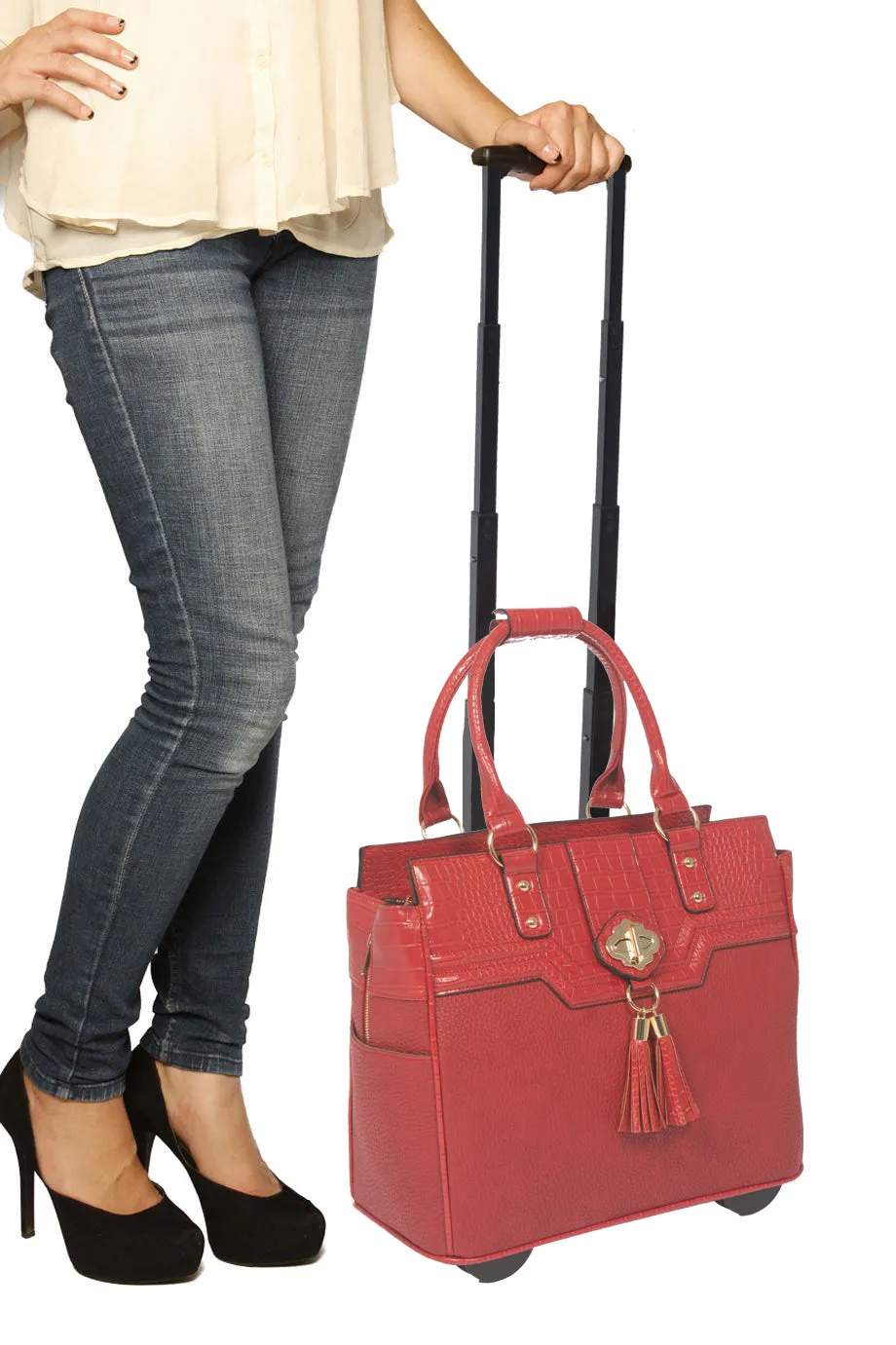 THE KENSINGTON Red Alligator Rolling  iPad, Tablet Laptop Tote Carryall Bag