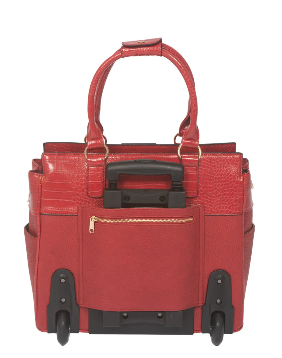 THE KENSINGTON Red Alligator Rolling  iPad, Tablet Laptop Tote Carryall Bag