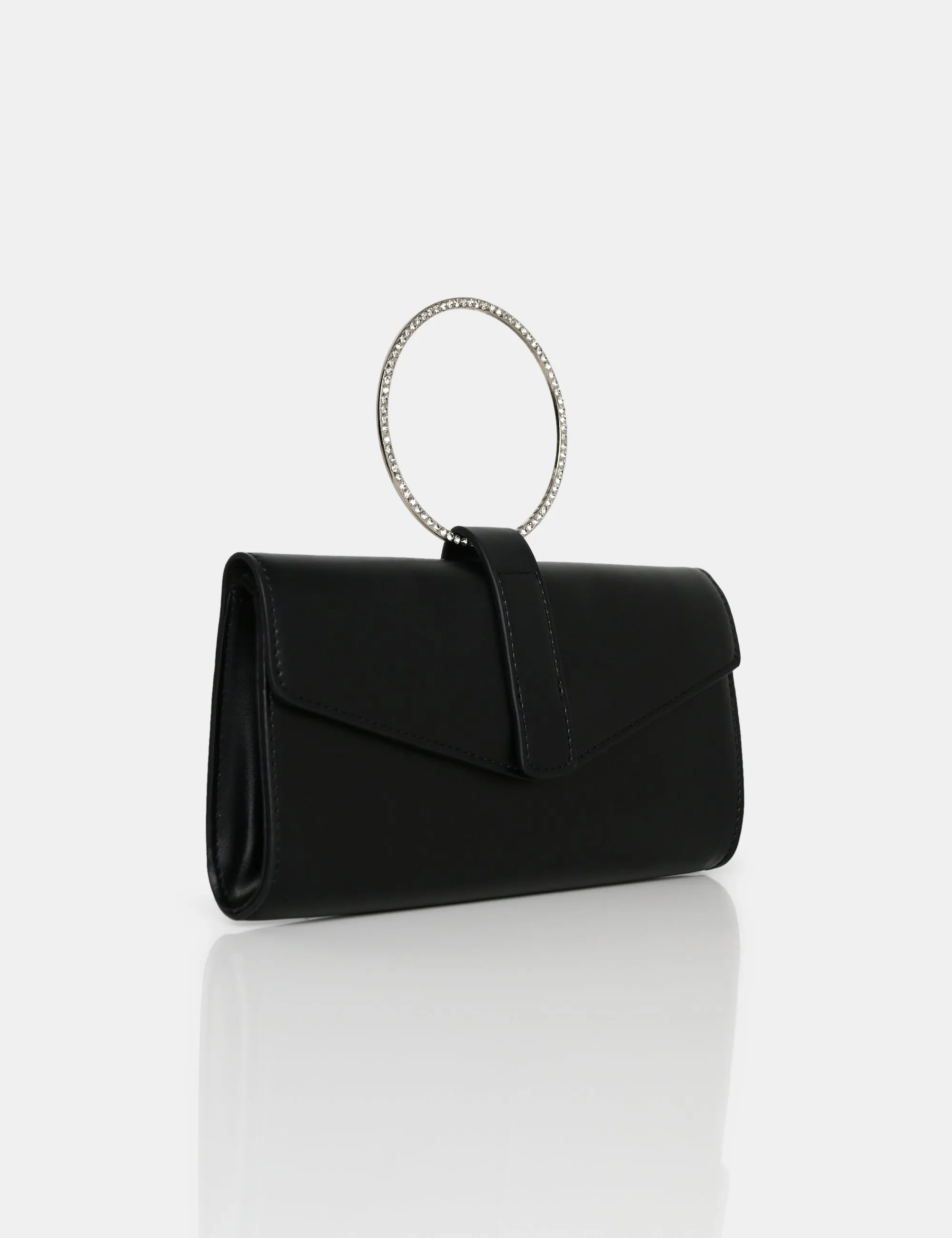 The Pammy Black Pu Diamante Handle Envelope Clutch