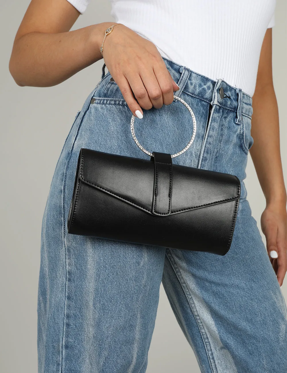 The Pammy Black Pu Diamante Handle Envelope Clutch