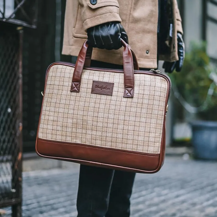 Vegan and Tweed Laptop Messenger Bag - Beige Checks