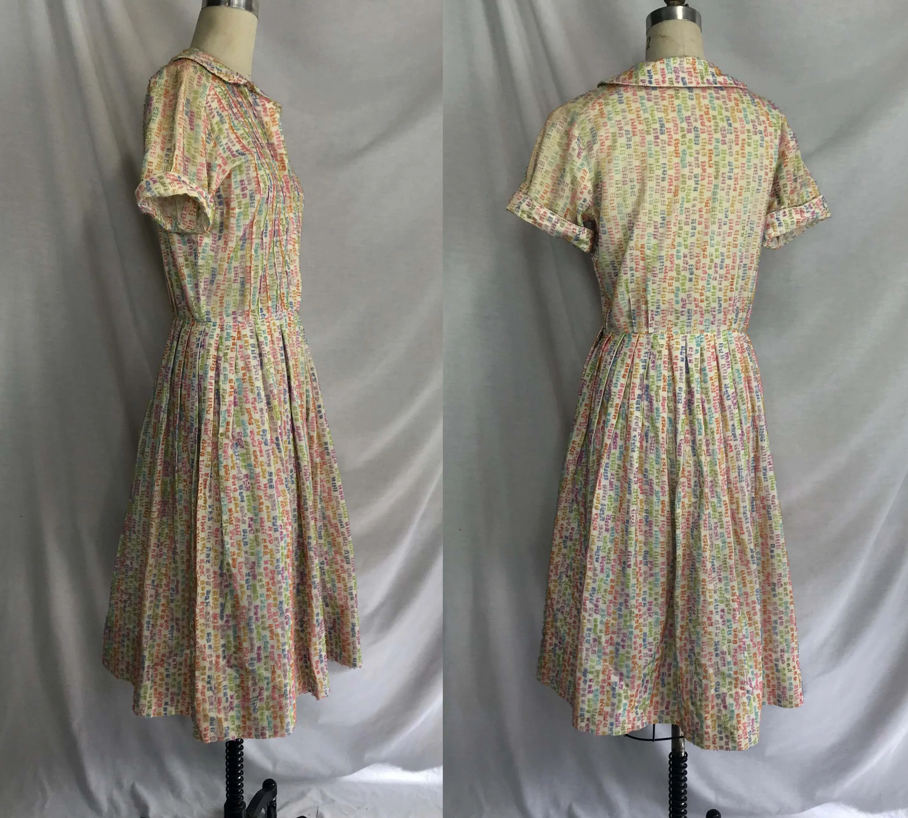 Vintage 50s 1950s | Pastel Rainbow Fit and Flare Pin Up Cotton Day Dress | S-M