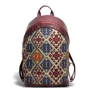 Vintage Fabric & Leather Backpack - Cherry Red