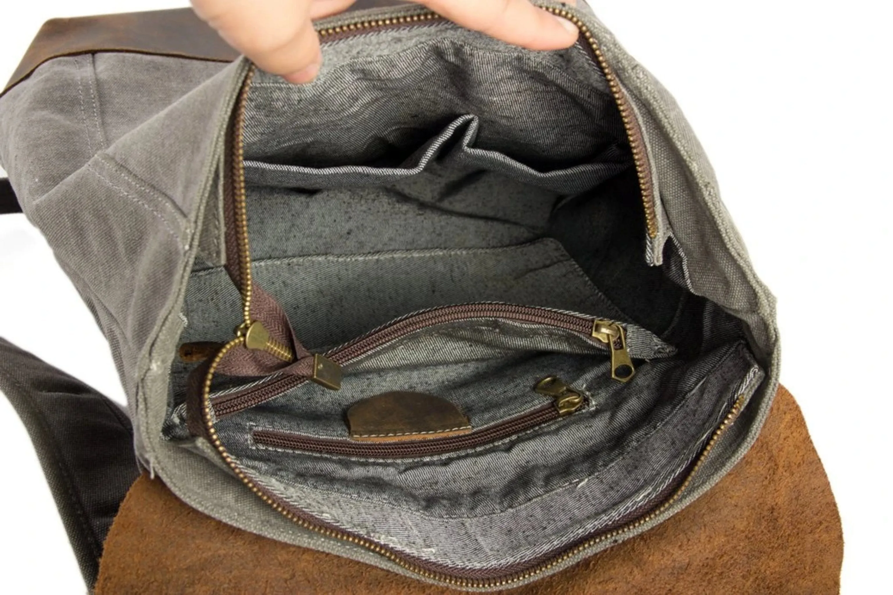 Waxed Canvas and Leather Casual Backpack - Dark Grey