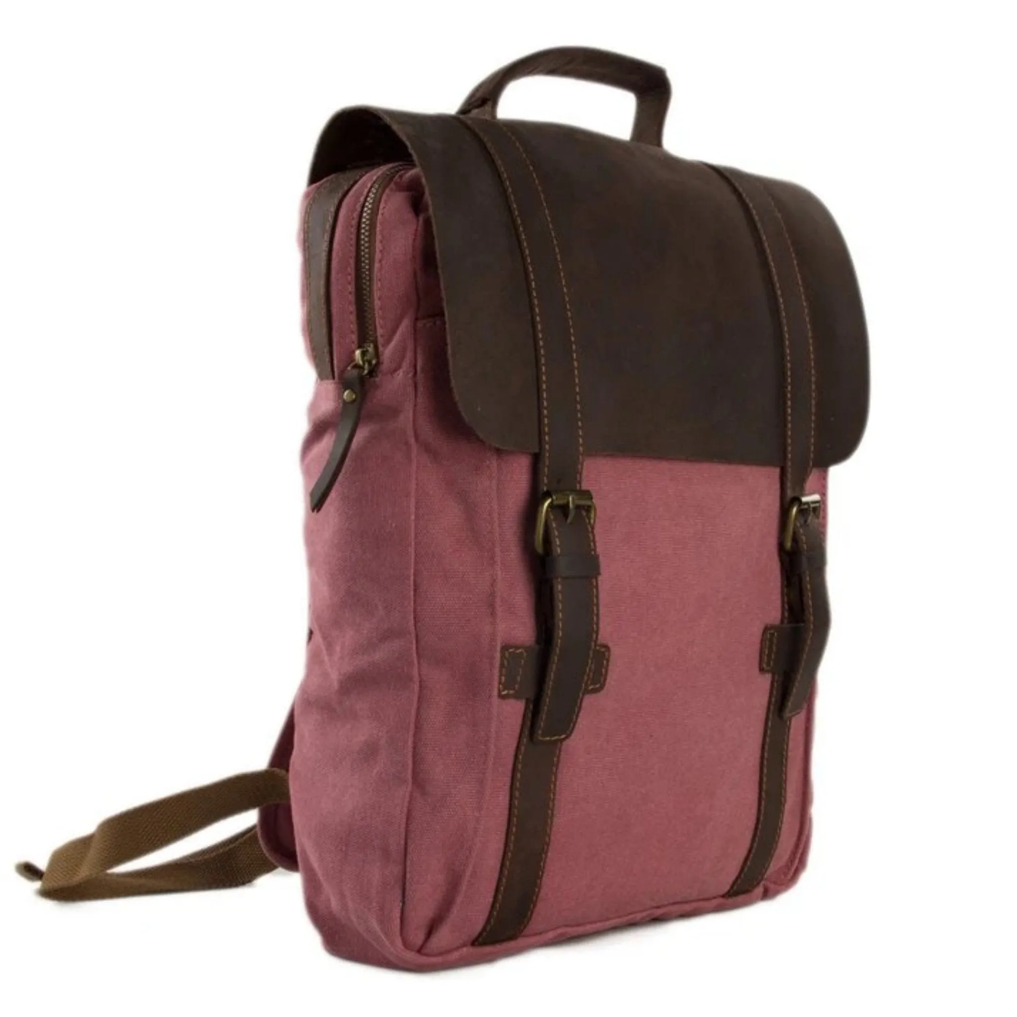 Waxed Canvas and Leather Double Strap Backpack - Pink