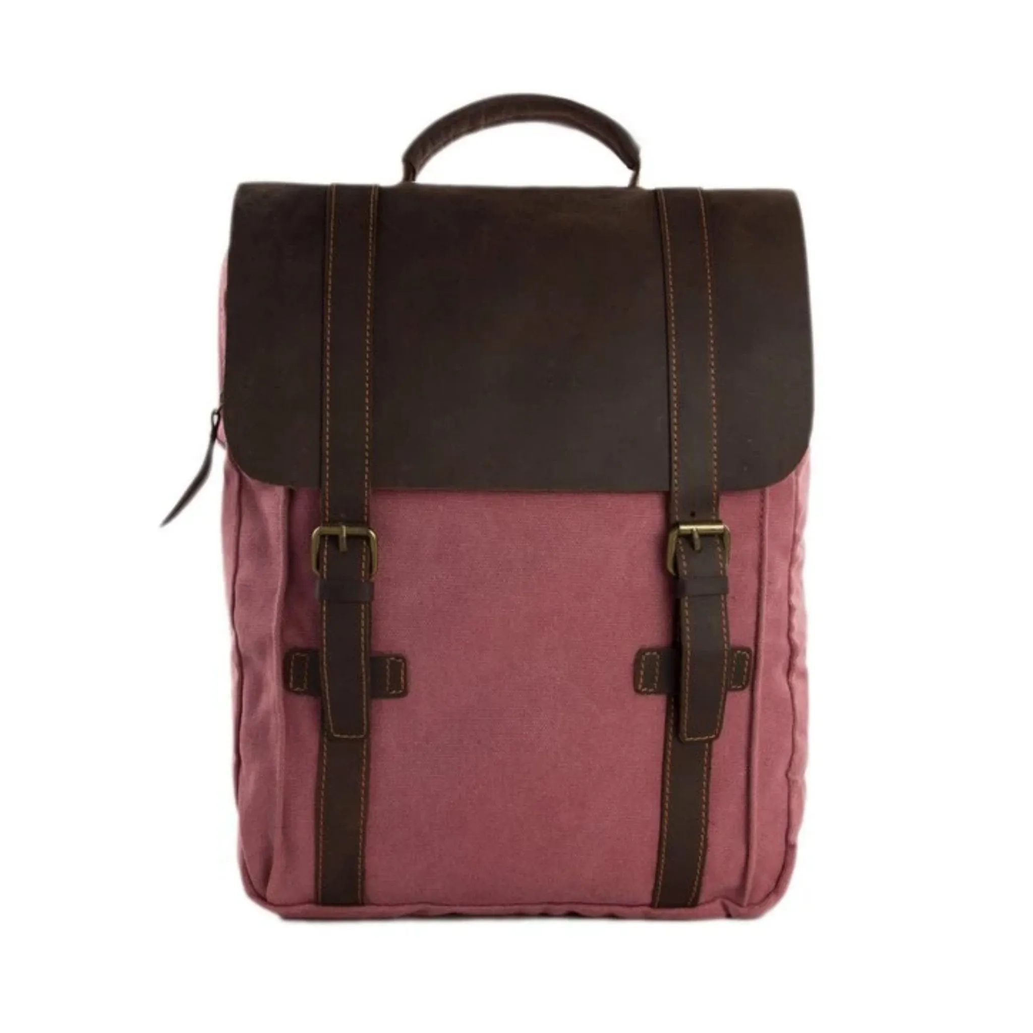 Waxed Canvas and Leather Double Strap Backpack - Pink