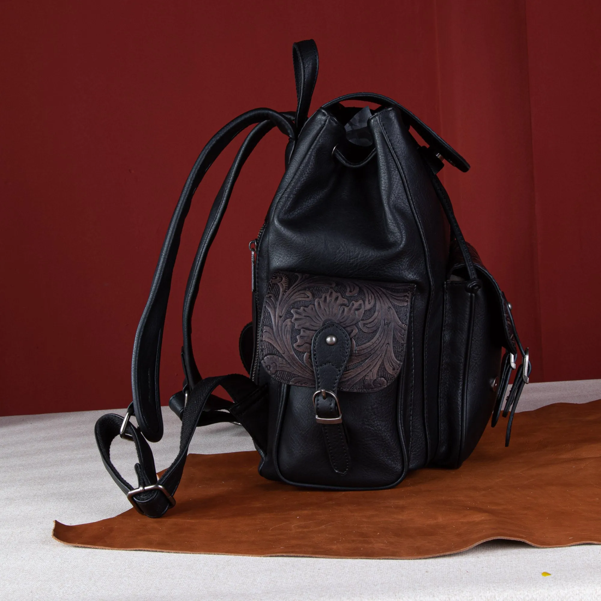 WG12-9110B  Wrangler Vintage Floral Tooled Backpack - Black