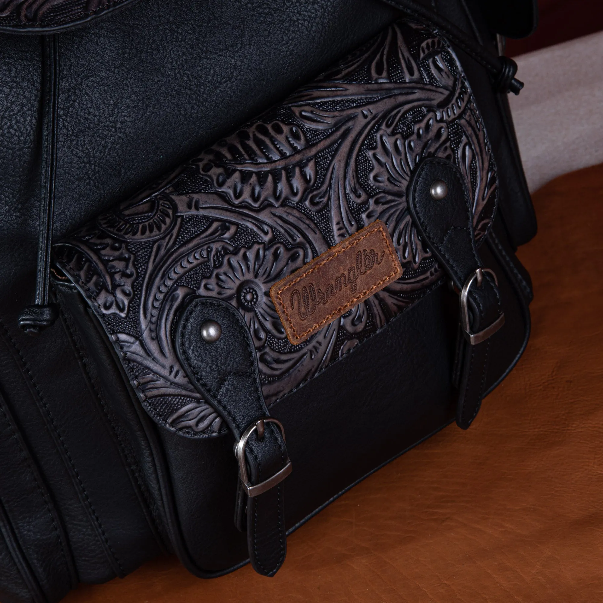 WG12-9110B  Wrangler Vintage Floral Tooled Backpack - Black