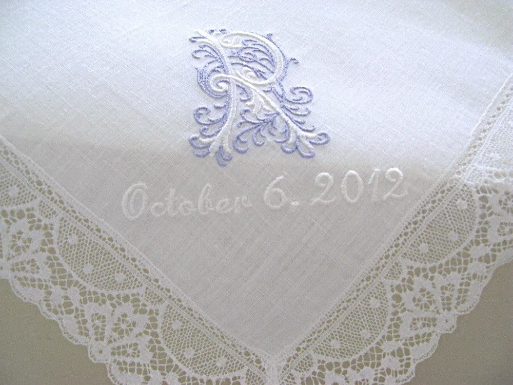 White Irish Linen Lace Handkerchief with Classic Zundt 1 Initial Monogram