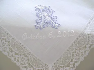 White Irish Linen Lace Handkerchief with Classic Zundt 1 Initial Monogram