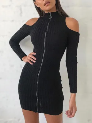 Wholesale Black Cold Shoulder Long Sleeve Plain Zip Back Mini Dress