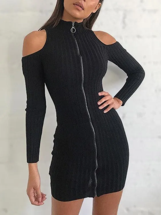 Wholesale Black Cold Shoulder Long Sleeve Plain Zip Back Mini Dress