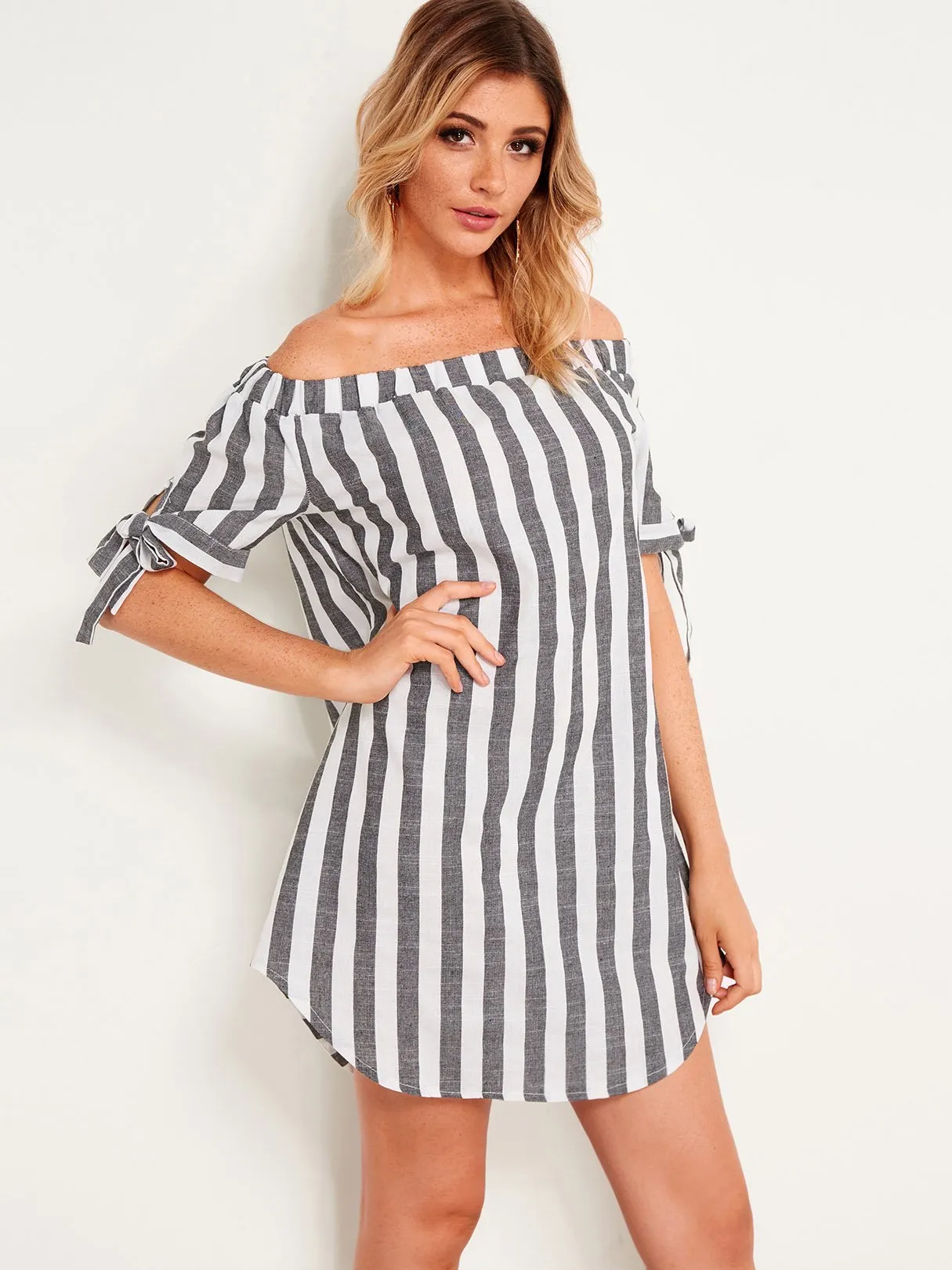 Wholesale Black Off The Shoulder Short Sleeve Stripe Self-Tie Curved Hem Mini Dress