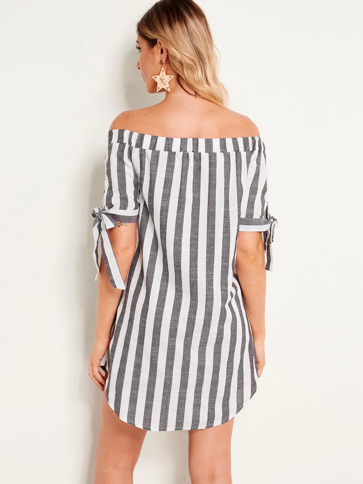 Wholesale Black Off The Shoulder Short Sleeve Stripe Self-Tie Curved Hem Mini Dress