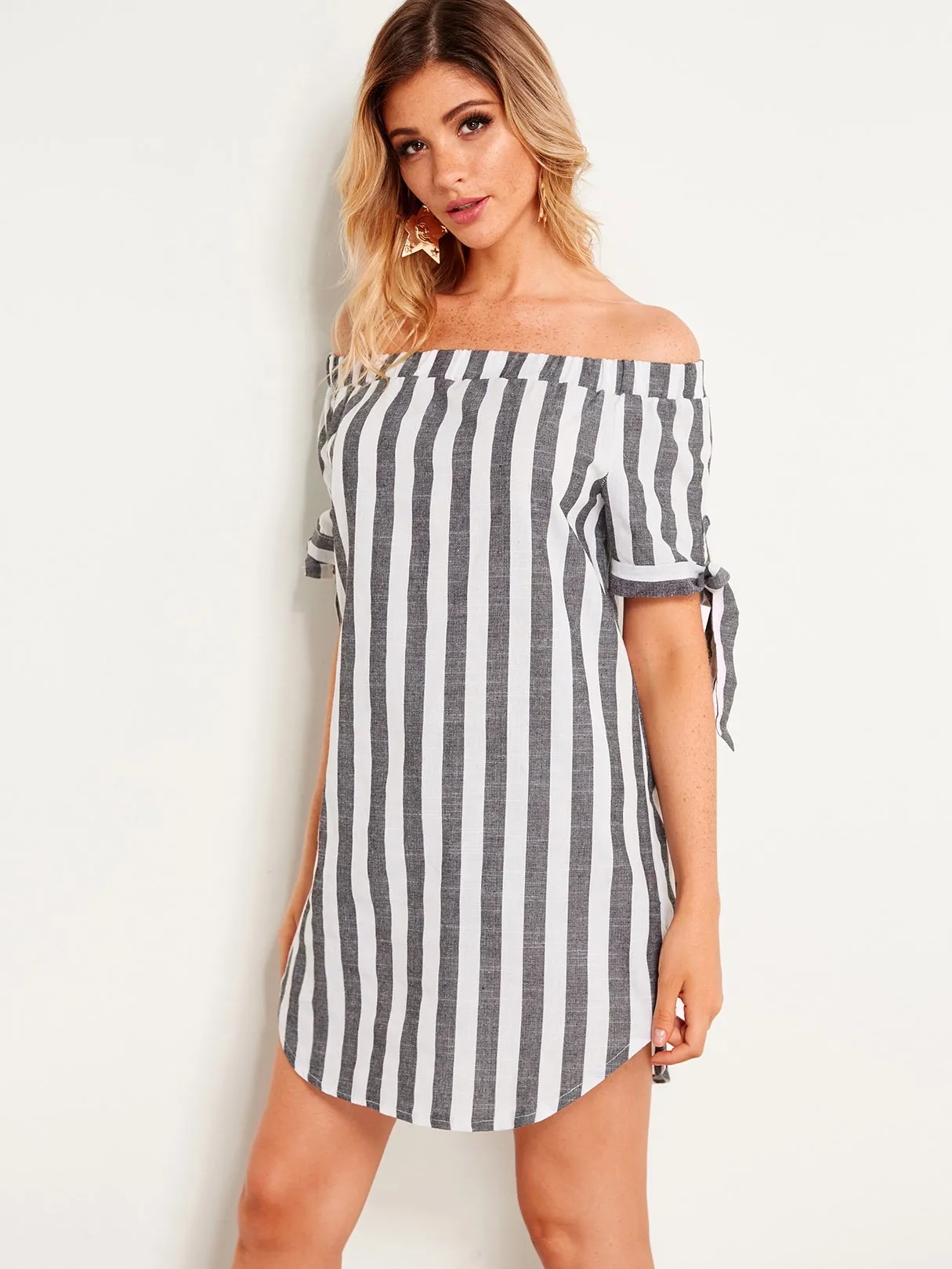 Wholesale Black Off The Shoulder Short Sleeve Stripe Self-Tie Curved Hem Mini Dress