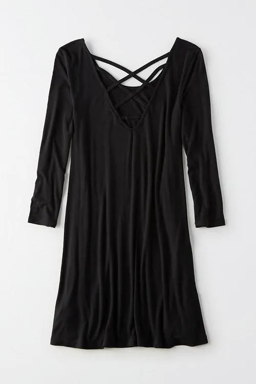 Wholesale Black Round Neck Half Sleeve Plain Lace-Up Mini Dress