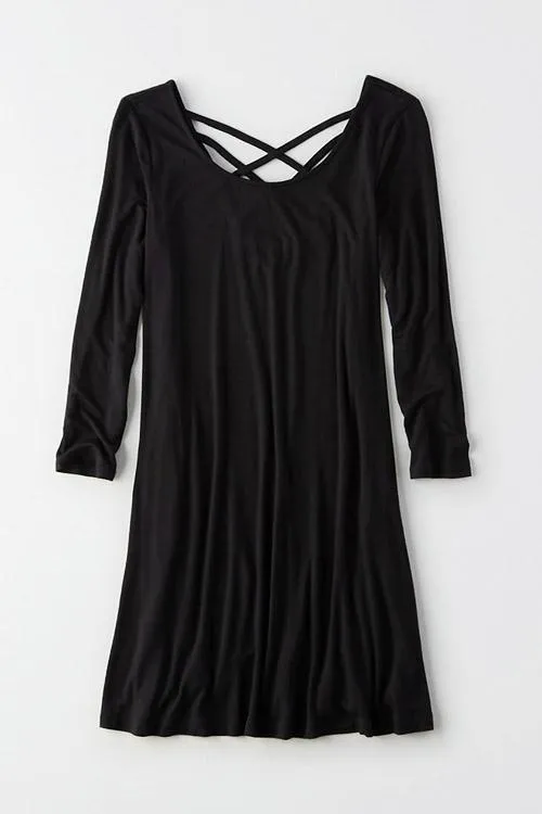 Wholesale Black Round Neck Half Sleeve Plain Lace-Up Mini Dress