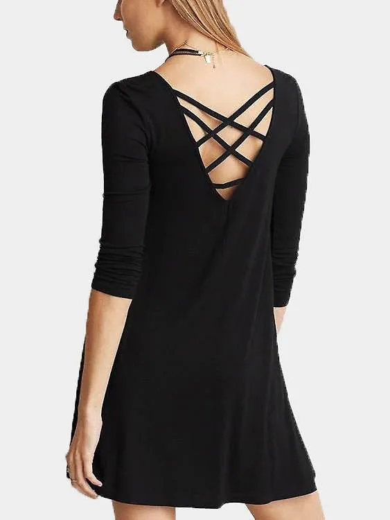 Wholesale Black Round Neck Half Sleeve Plain Lace-Up Mini Dress