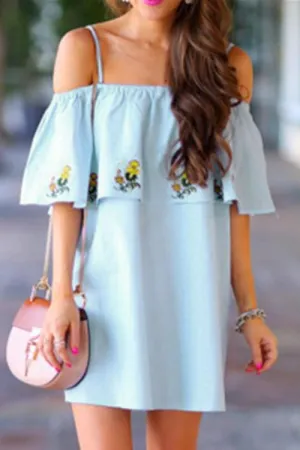 Wholesale Blue Off The Shoulder Half Sleeve Embroidered Backless Mini Dress