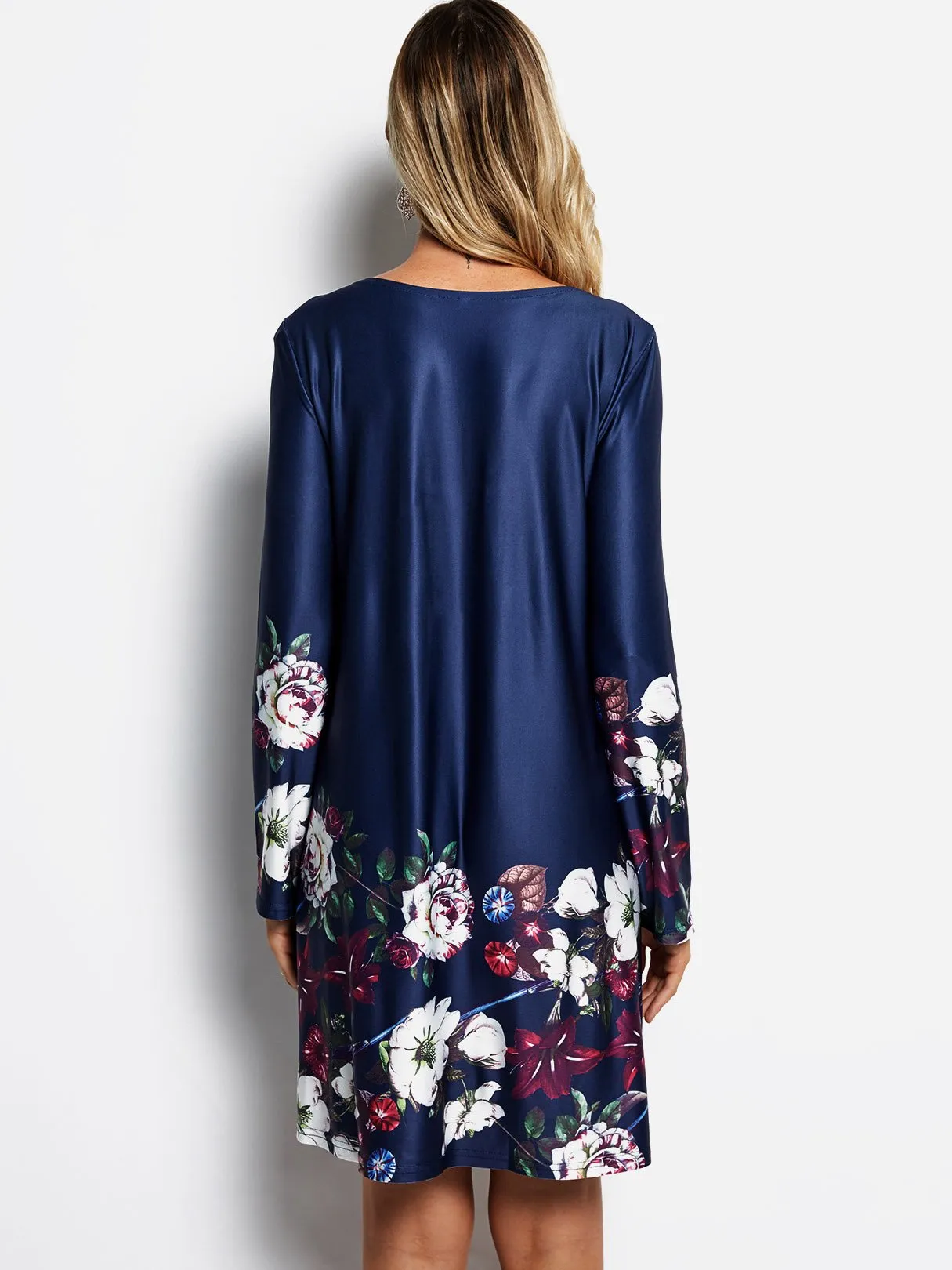 Wholesale Navy Round Neck Long Sleeve Floral Print Mini Dress