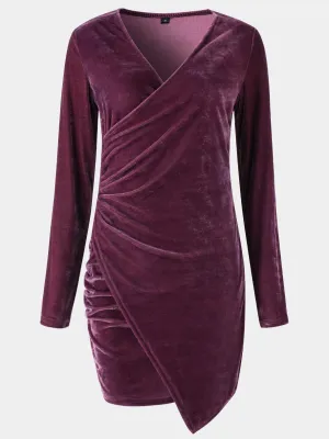 Wholesale Purple V-Neck Long Sleeve Plain Irregular Hem Mini Dresses